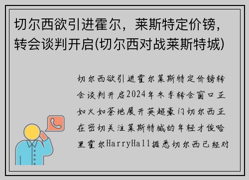 切尔西欲引进霍尔，莱斯特定价镑，转会谈判开启(切尔西对战莱斯特城)