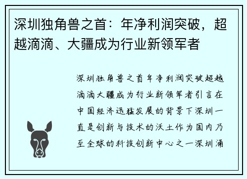 深圳独角兽之首：年净利润突破，超越滴滴、大疆成为行业新领军者